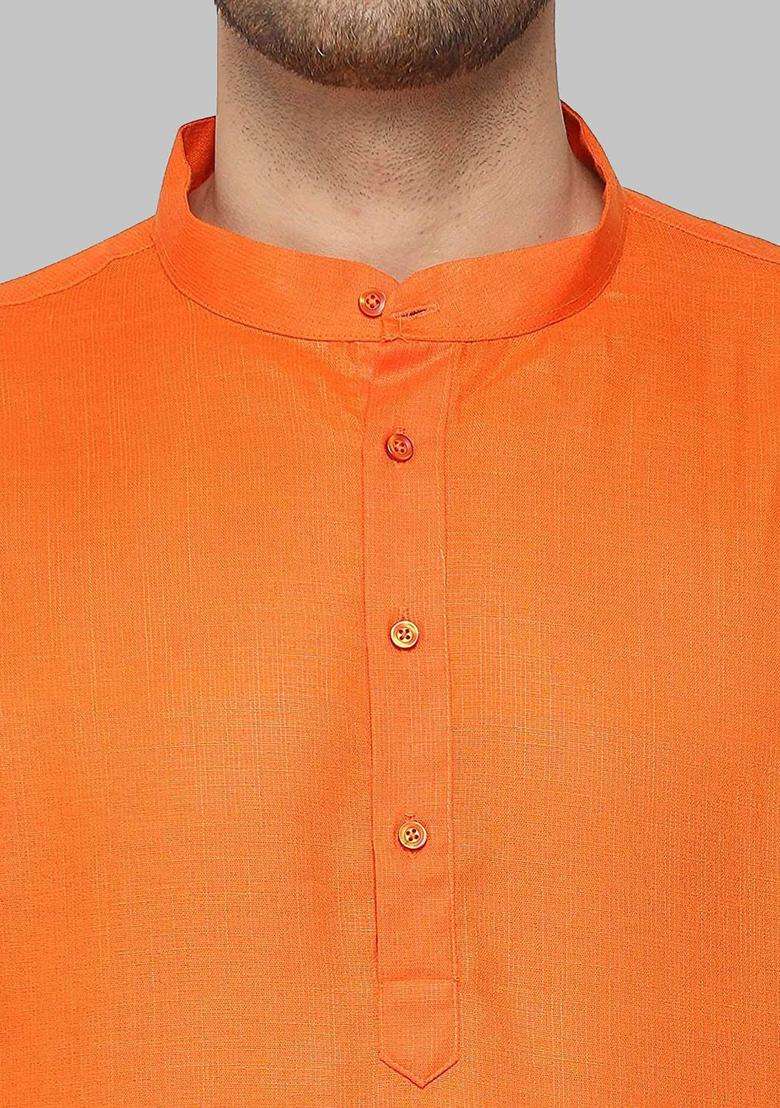 Orange Solid Cotton Kurta Set For Men - Indya