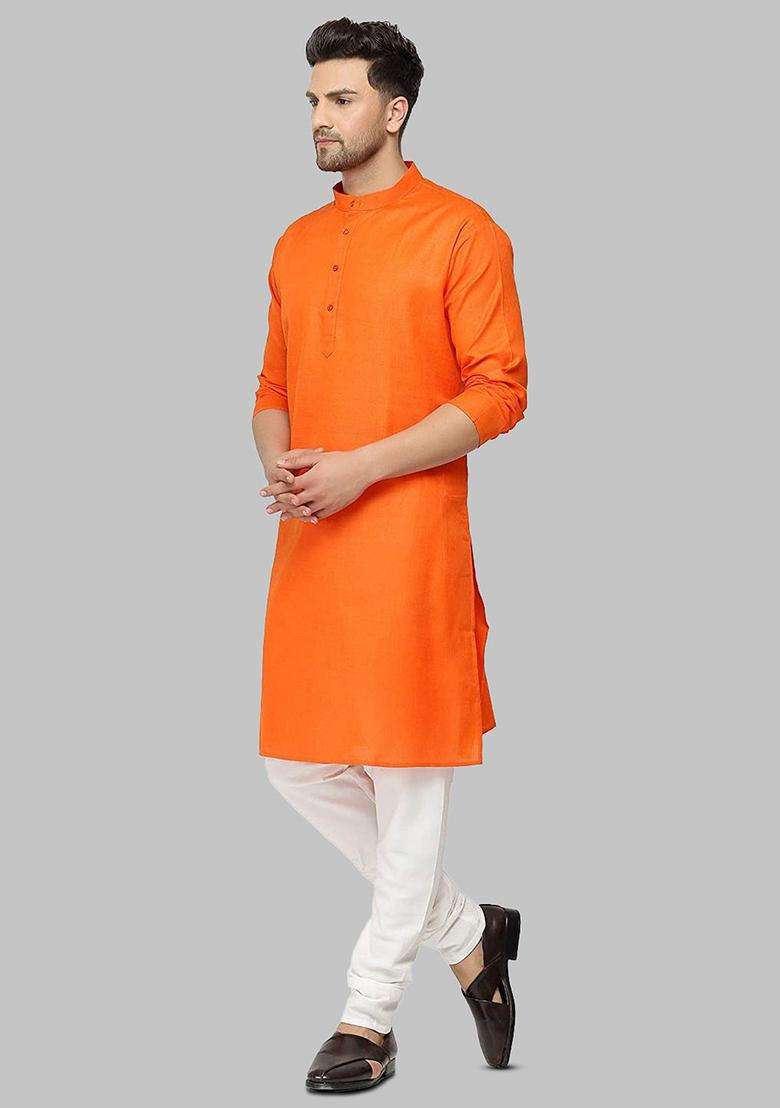 Orange Solid Cotton Kurta Set For Men - Indya