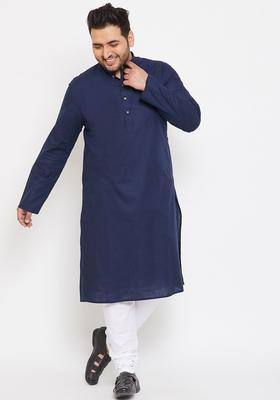 Navy Blue Solid Cotton Kurta Set For Men