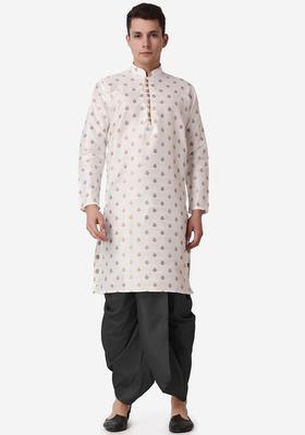 Beige Printed Silk Blend Kurta Set For Men