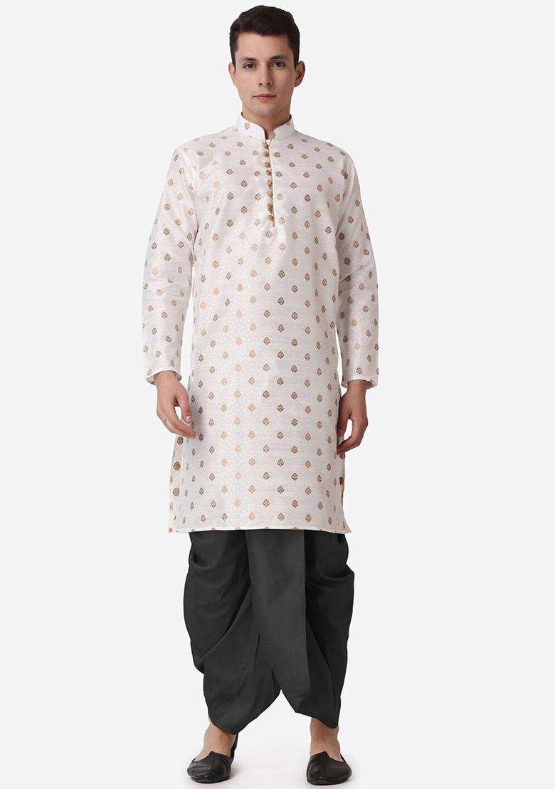 Beige Printed Silk Blend Kurta Set For Men - Indya