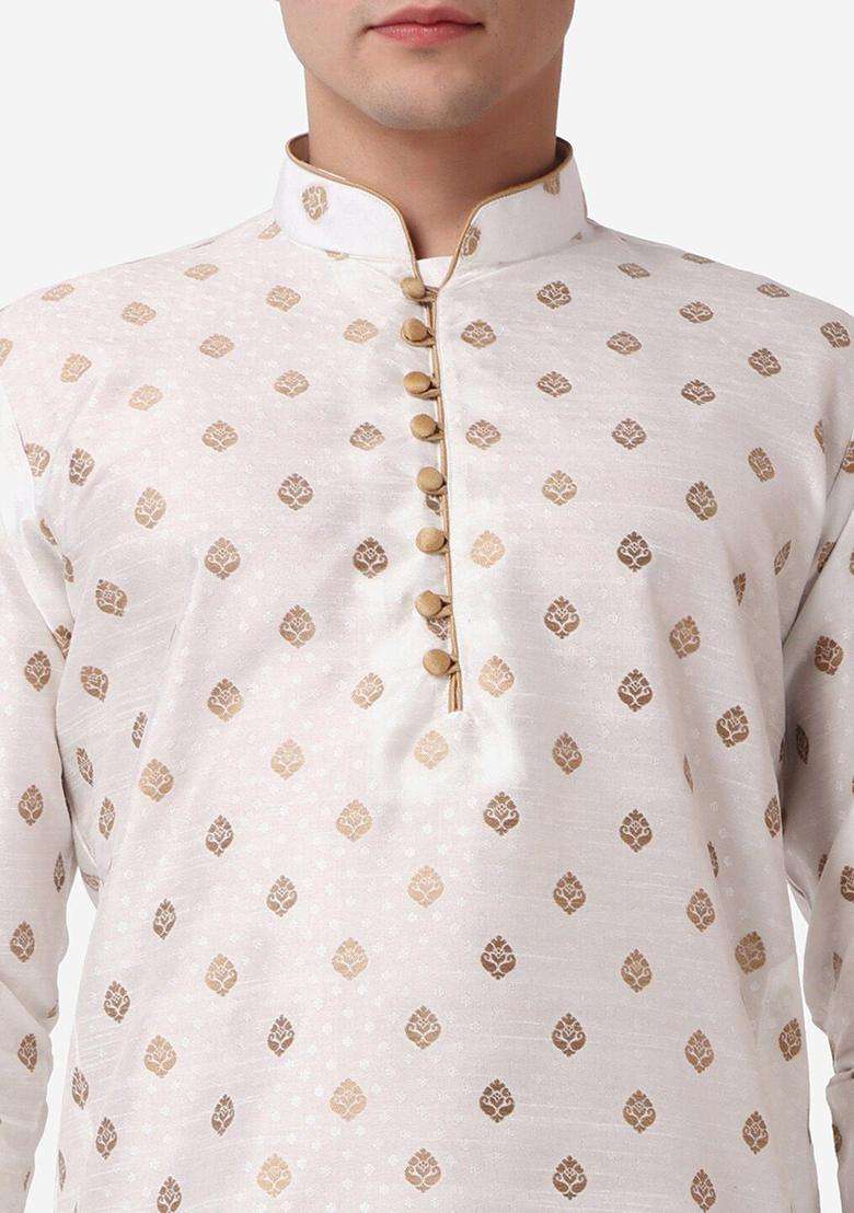 Beige Printed Silk Blend Kurta Set For Men - Indya
