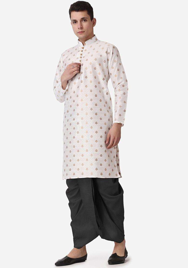 Beige Printed Silk Blend Kurta Set For Men - Indya