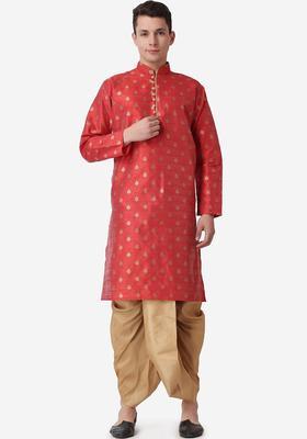 Maroon Printed Silk Kurta Set For Men