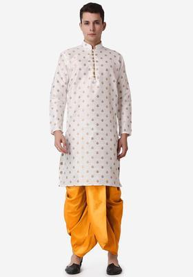 Beige Woven Design Silk Blend Kurta Set For Men