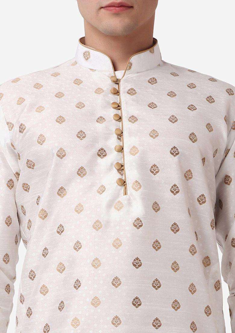 Beige Woven Design Silk Blend Kurta Set For Men - Indya