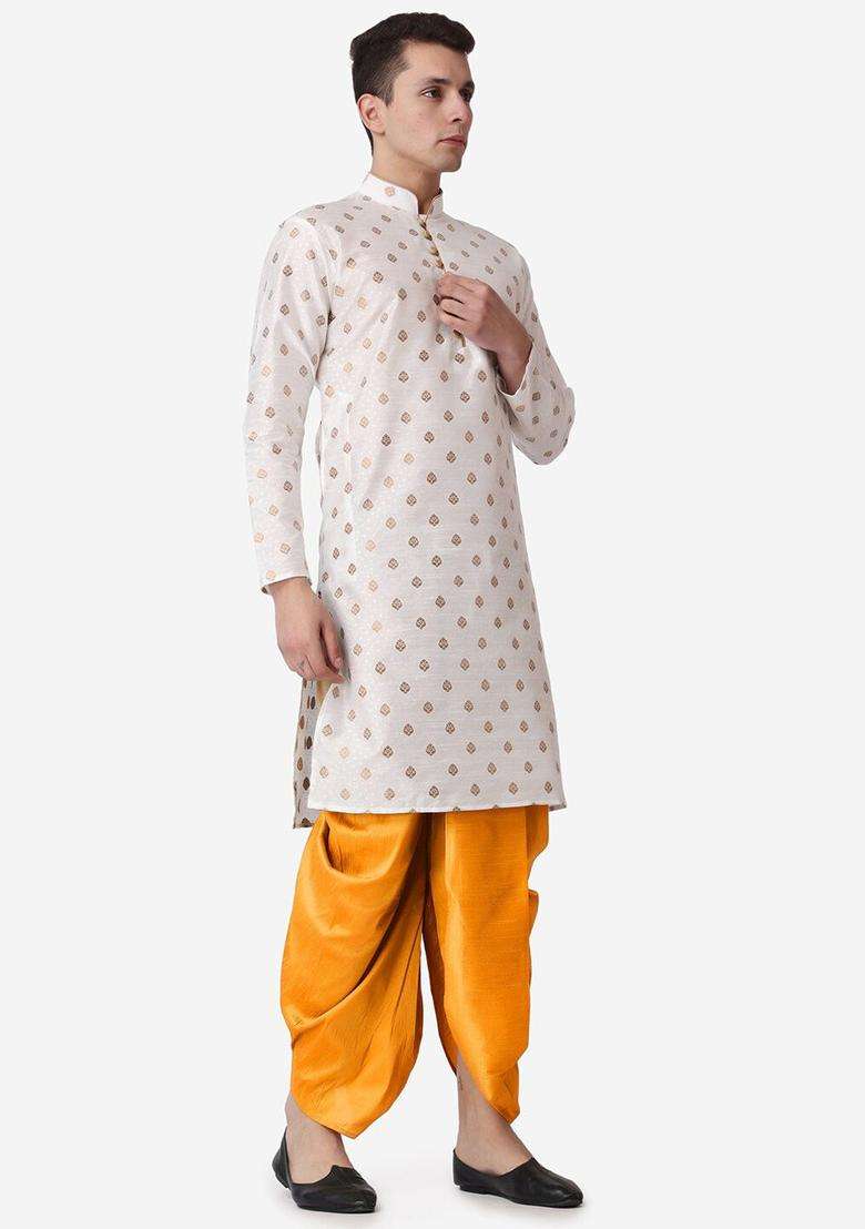 Beige Woven Design Silk Blend Kurta Set For Men - Indya