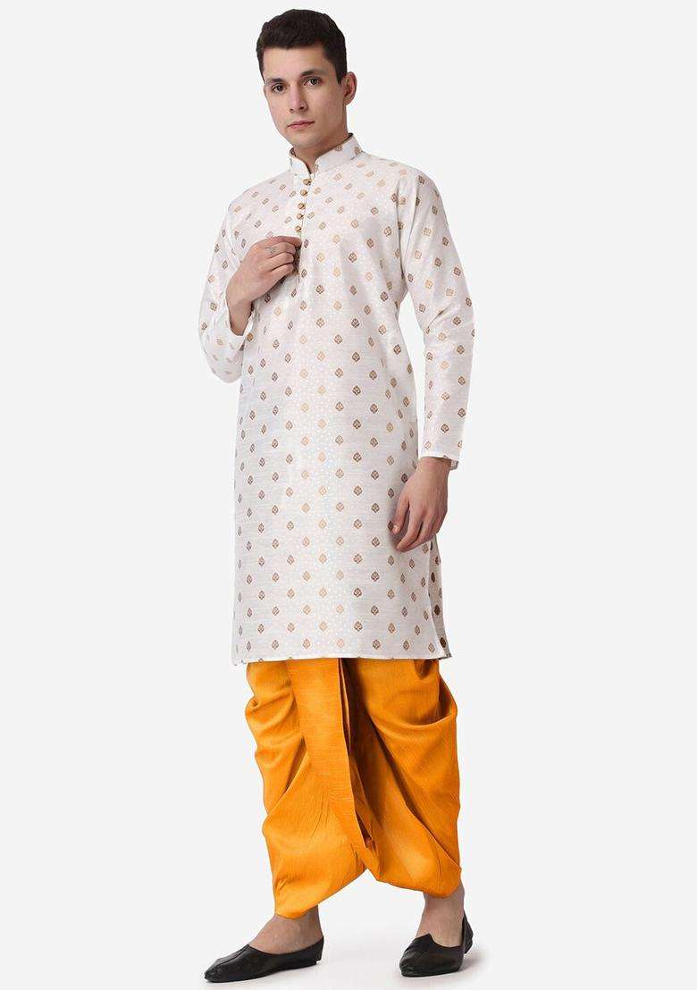 Beige Woven Design Silk Blend Kurta Set For Men - Indya