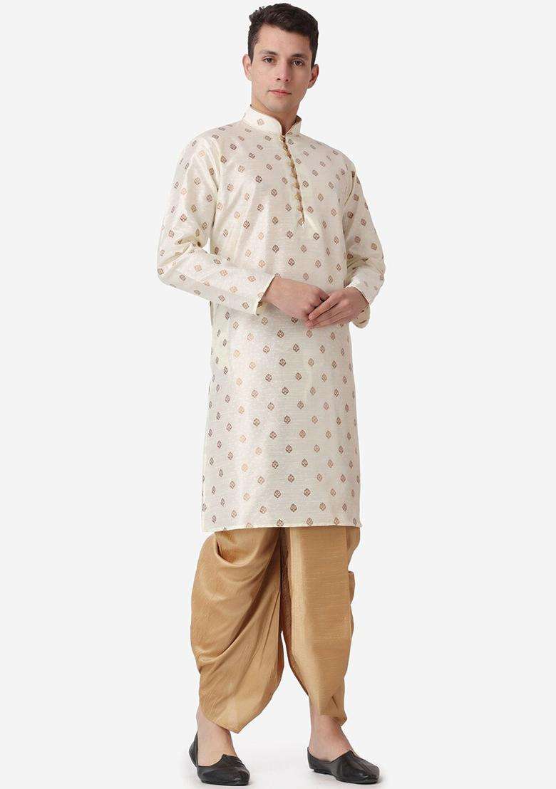 Gold Printed Silk Blend Kurta Set For Men - Indya