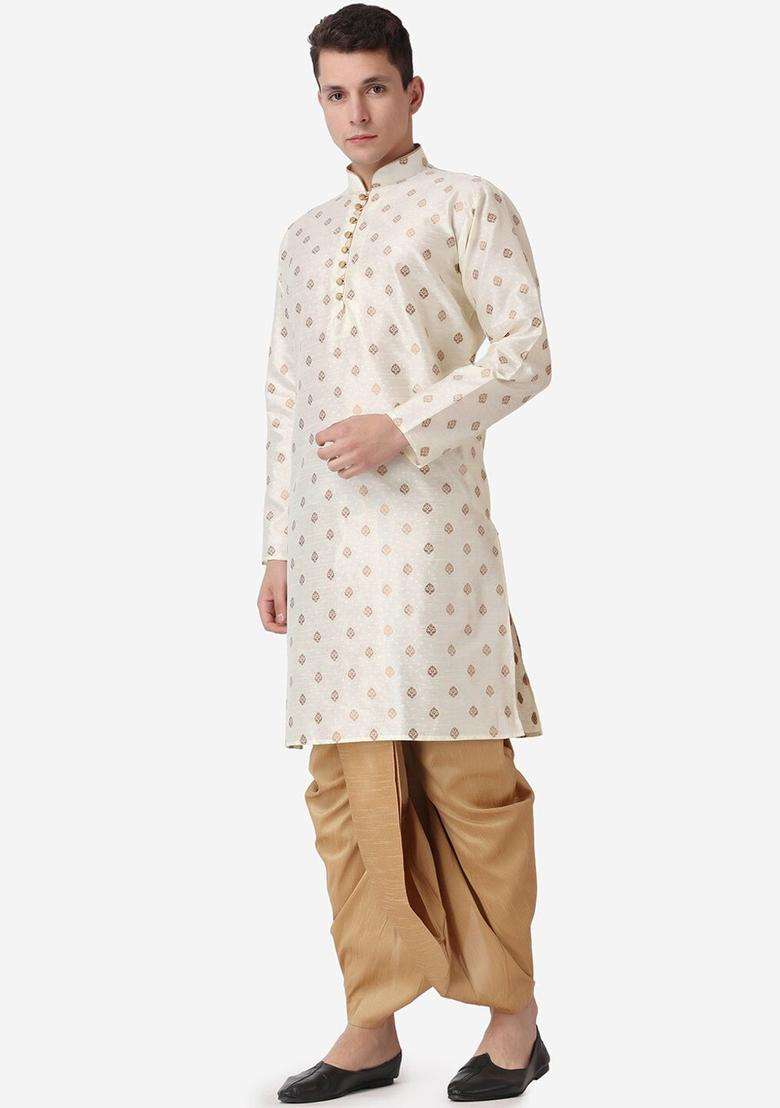 Gold Printed Silk Blend Kurta Set For Men - Indya