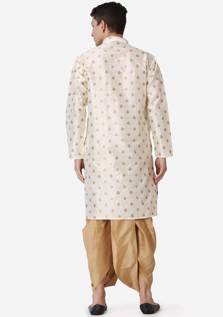 Gold Printed Silk Blend Kurta Set For Men - Indya
