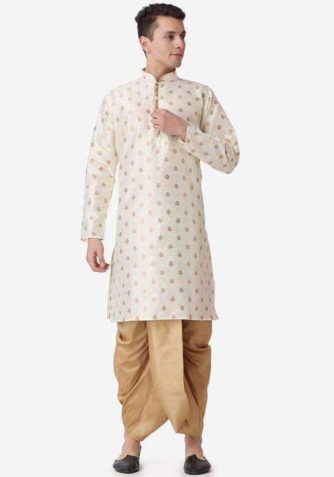 Gold Printed Silk Blend Kurta Set For Men