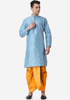 Blue Printed Silk Kurta Set For Men