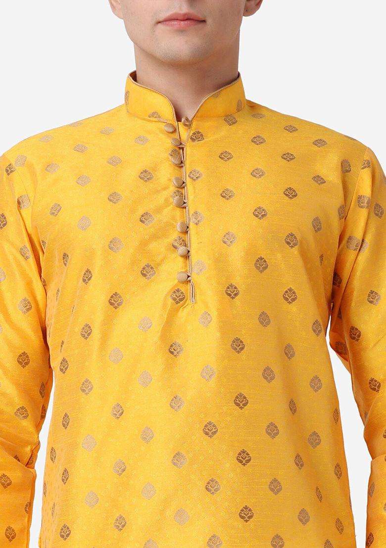 Gold Printed Silk Blend Kurta Set For Men - Indya