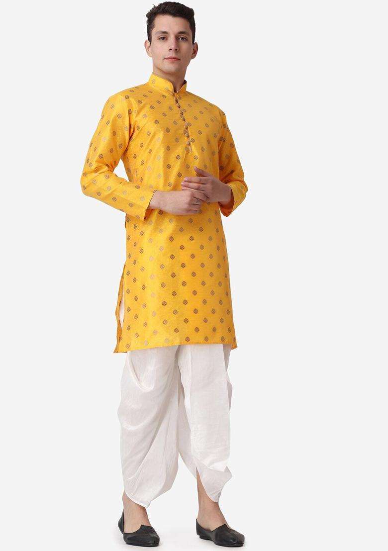 Gold Printed Silk Blend Kurta Set For Men - Indya