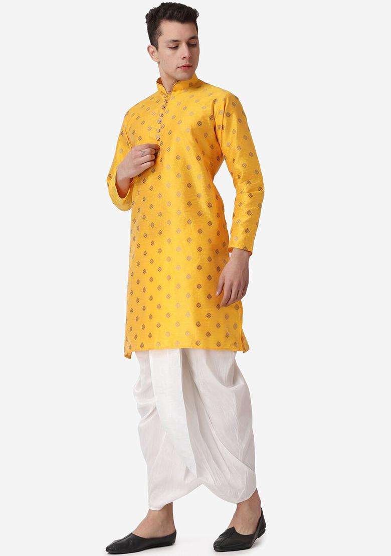 Gold Printed Silk Blend Kurta Set For Men - Indya
