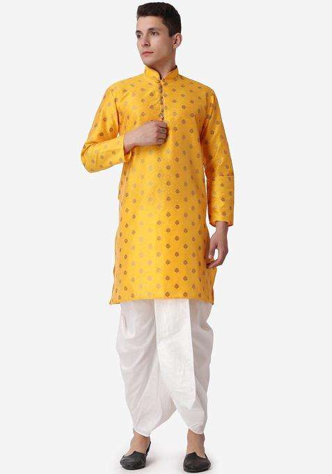 Gold Printed Silk Blend Kurta Set For Men
