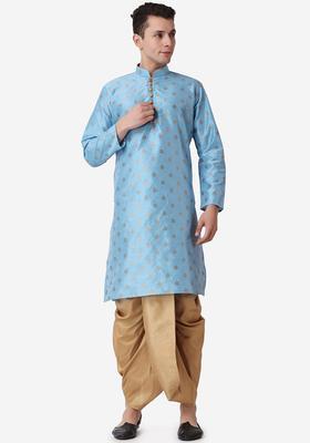 Blue Printed Silk Kurta Set For Men