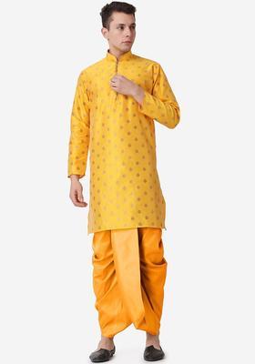 Mustard Printed Silk Kurta Set For Men