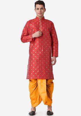 Maroon Woven Design Silk Kurta Set For Men