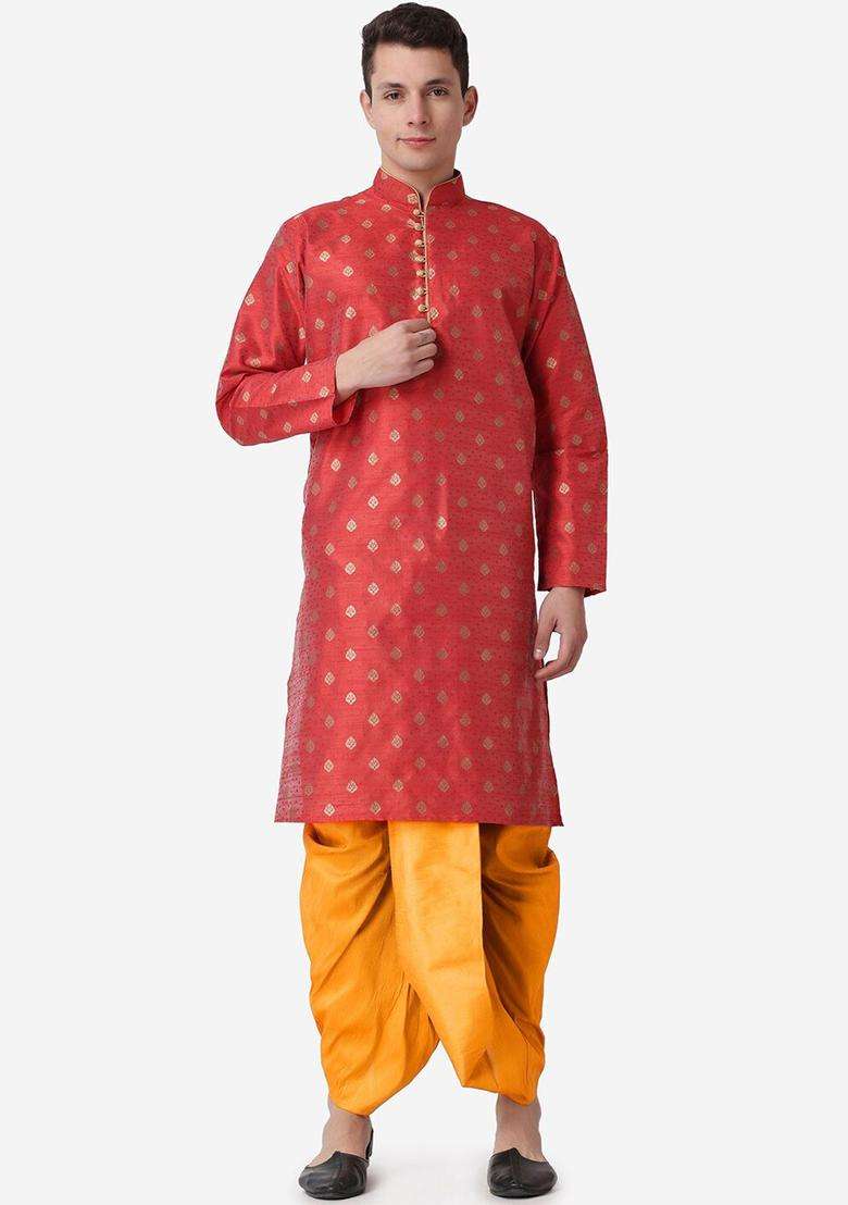 Maroon Woven Design Silk Blend Kurta Set For Men - Indya