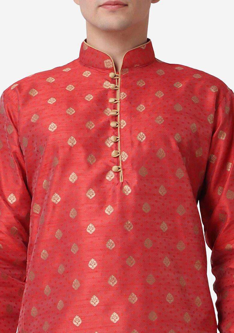Maroon Woven Design Silk Blend Kurta Set For Men - Indya