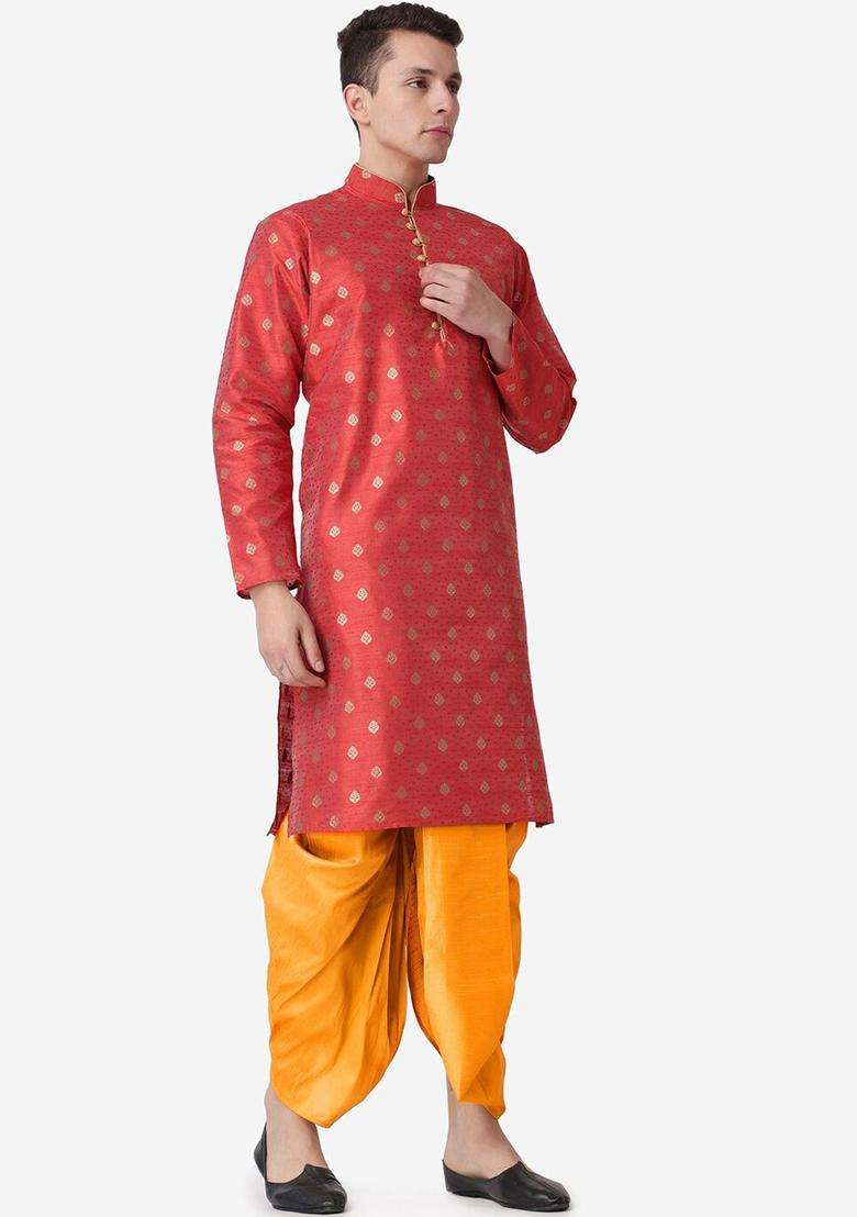 Maroon Woven Design Silk Blend Kurta Set For Men - Indya