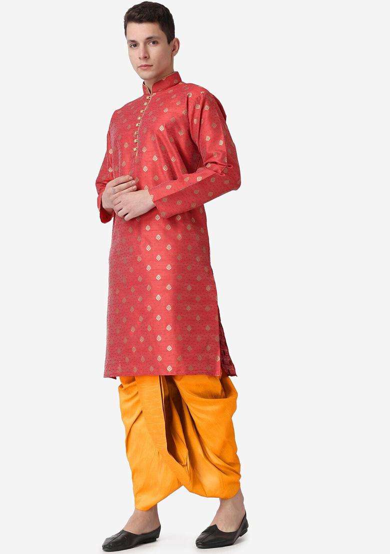 Maroon Woven Design Silk Blend Kurta Set For Men - Indya