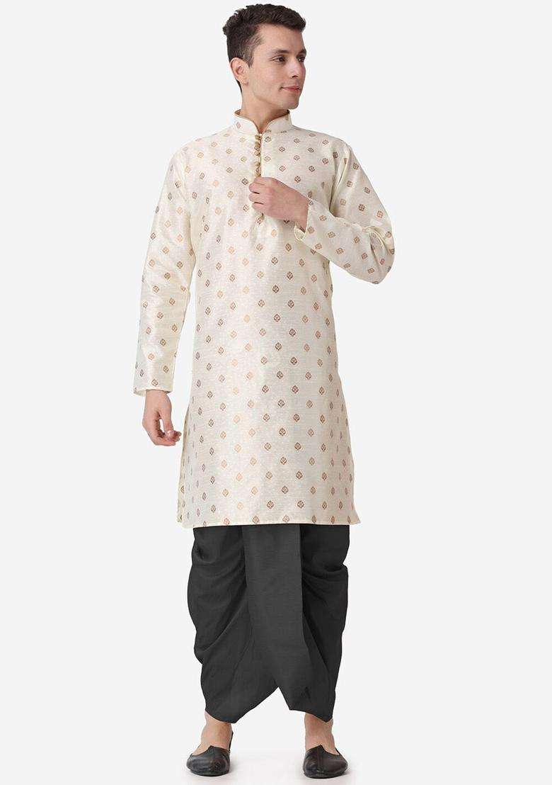 Gold Woven Design Silk Blend Kurta Set For Men - Indya