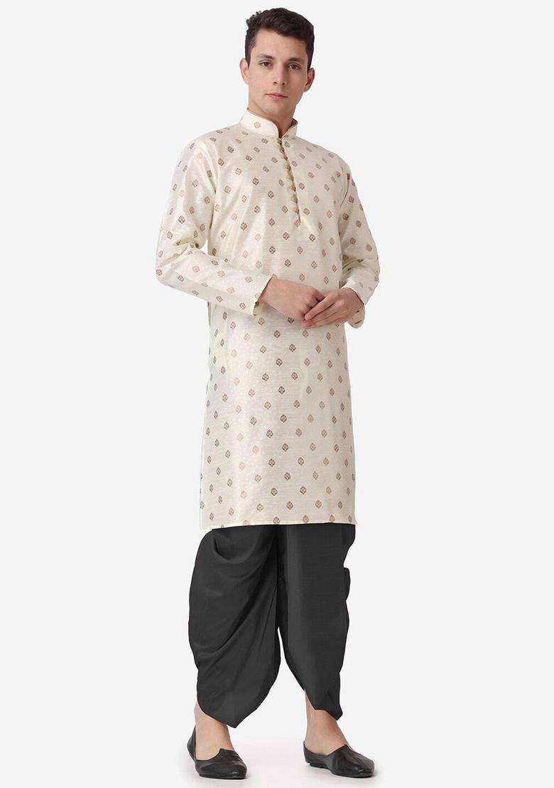 Gold Woven Design Silk Blend Kurta Set For Men - Indya