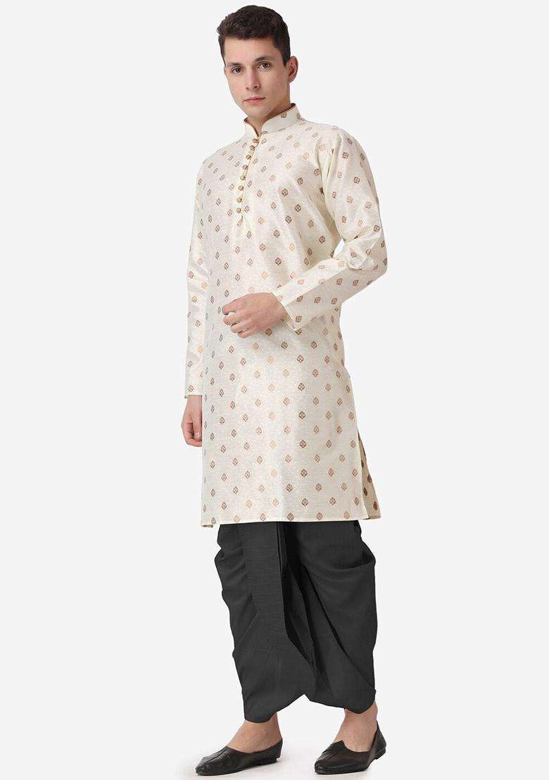 Gold Woven Design Silk Blend Kurta Set For Men - Indya