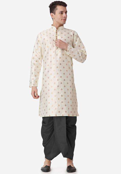 Gold Woven Design Silk Blend Kurta Set For Men