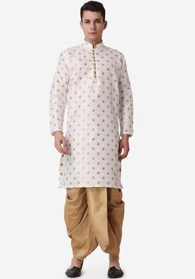 Beige Printed Silk Blend Kurta Set For Men