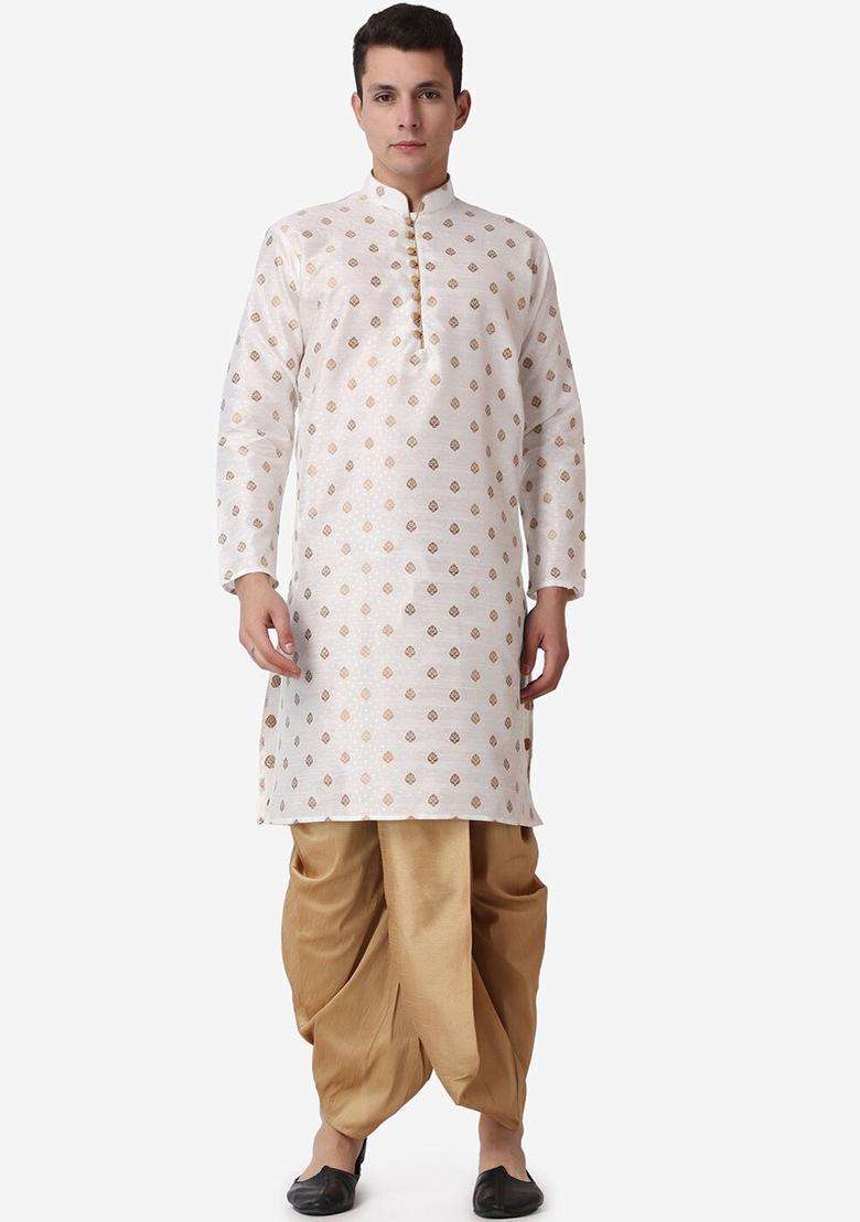 Beige Printed Silk Blend Kurta Set For Men - Indya