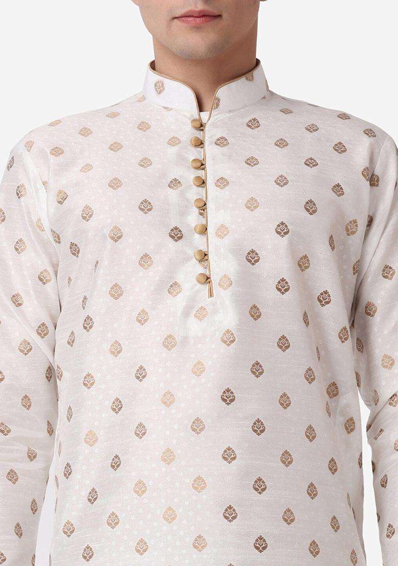 Beige Printed Silk Blend Kurta Set For Men - Indya