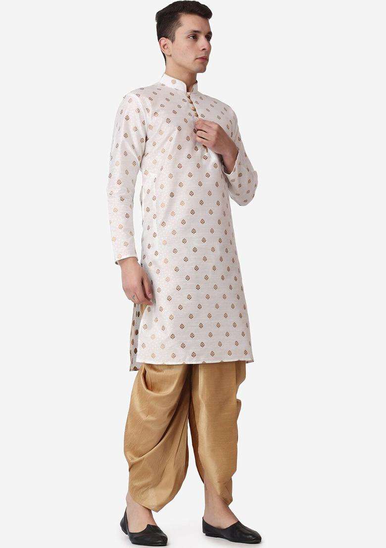 Beige Printed Silk Blend Kurta Set For Men - Indya
