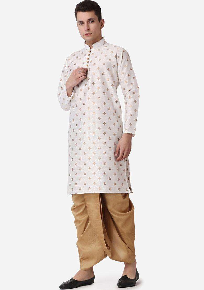Beige Printed Silk Blend Kurta Set For Men - Indya