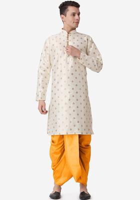 White Printed Silk Kurta Set For Men