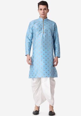 Blue Printed Silk Kurta Set For Men
