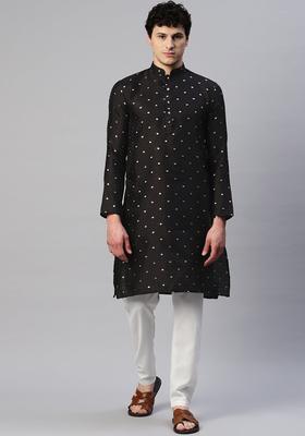 Black Embroidered Cotton Kurta Set For Men
