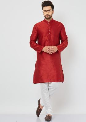Maroon Self Design Silk Kurta Set For Men