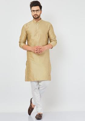 Gold Self Design Silk Kurta Set For Men