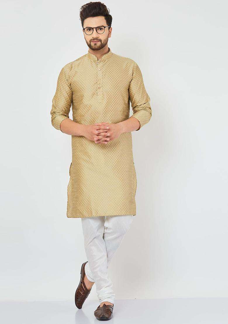 Gold Self Design Silk Blend Kurta Set For Men - Indya