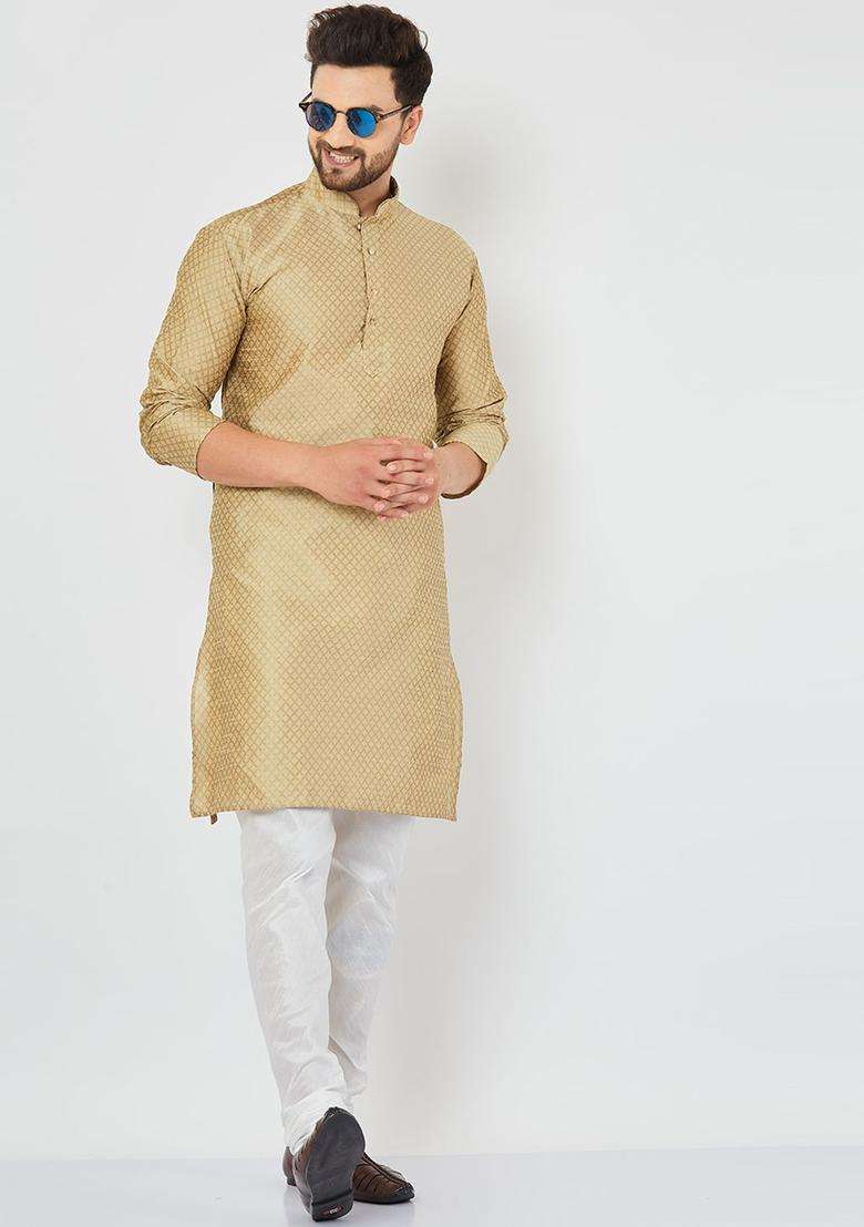 Gold Self Design Silk Blend Kurta Set For Men - Indya