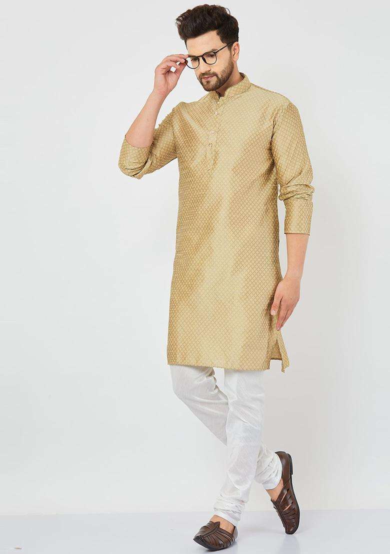 Gold Self Design Silk Blend Kurta Set For Men - Indya