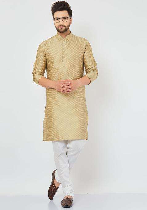 Gold Self Design Silk Blend Kurta Set For Men