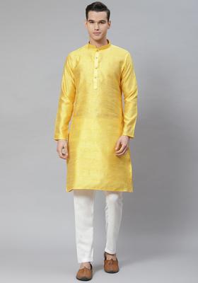 Yellow Embroidered Cotton Kurta Set For Men
