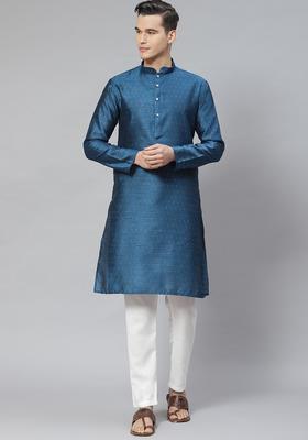 Blue Embroidered Cotton Kurta Set For Men