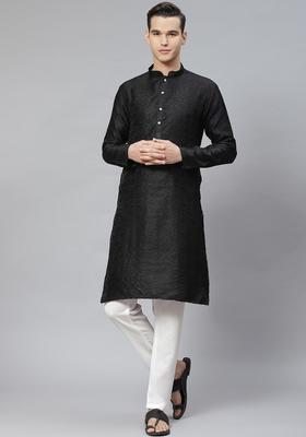 Black Embroidered Cotton Kurta Set For Men