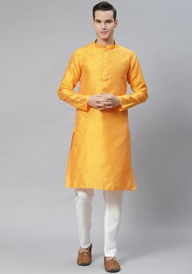 Yellow Embroidered Cotton Kurta Set For Men